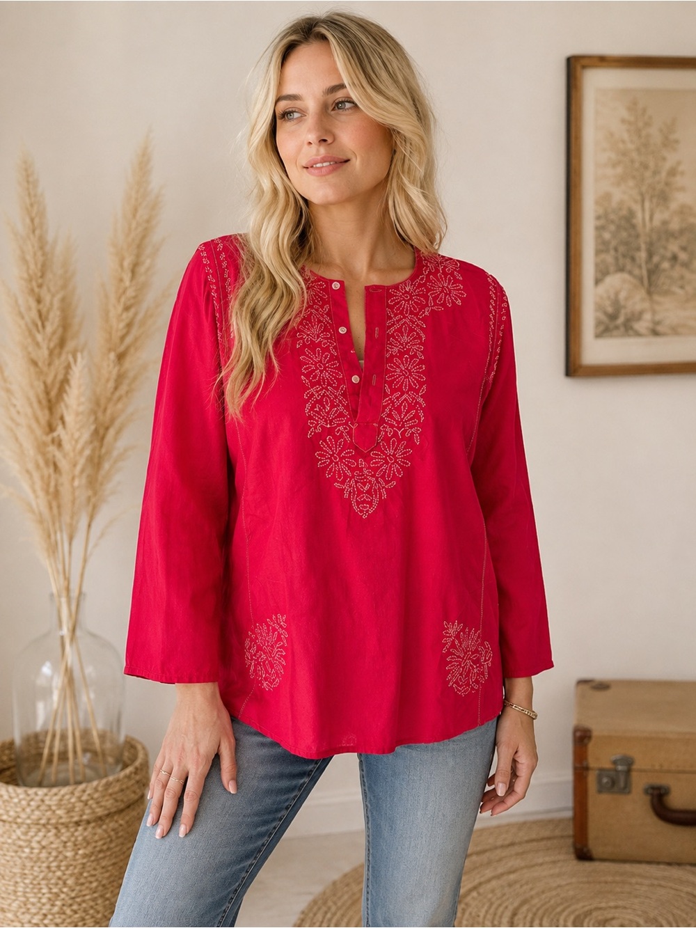 Boho Chic 100 percent silk Embroidered Red Popover Top